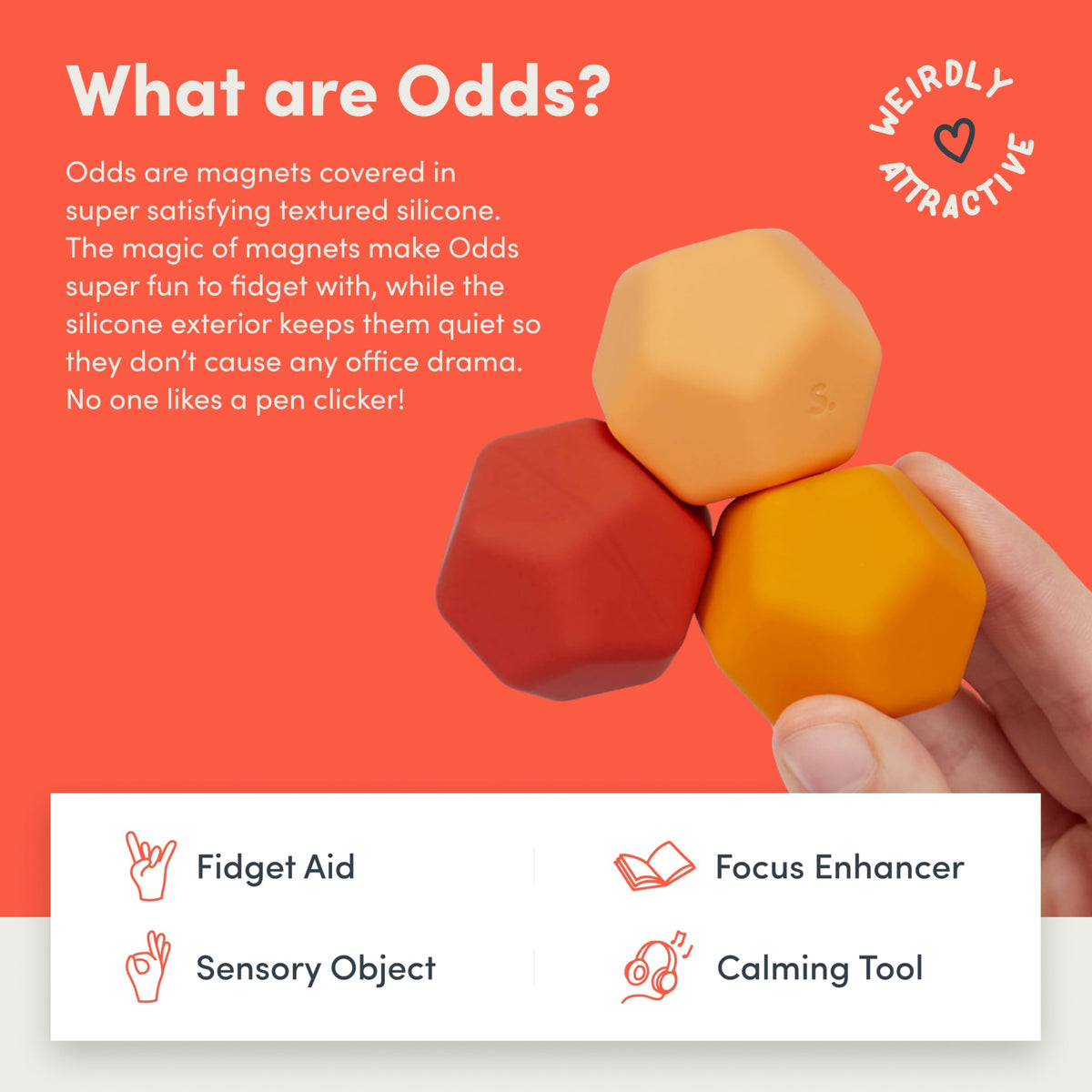 Speks Odds orange ball magnets in action, playful stacking and creativity
