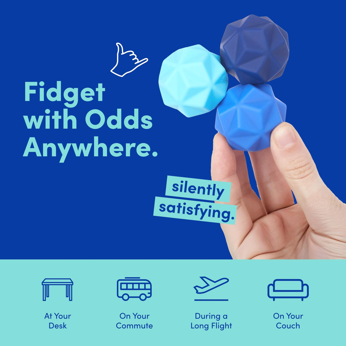 Speks Odds travel-friendly blue fidget, pocket-size stress relief on the go.