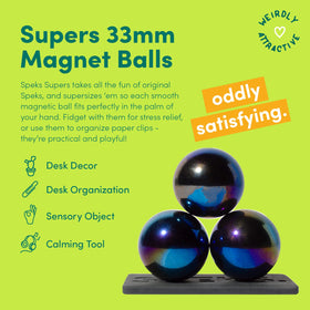 Speks Supers oil slick magnetic balls close-up showing color and magnet action.