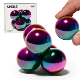 Speks Supers oil slick magnetic balls front view for desk focus.