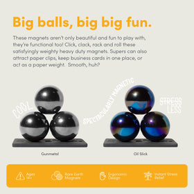 Speks Supers oil slick magnetic balls on an organized desk with plate.