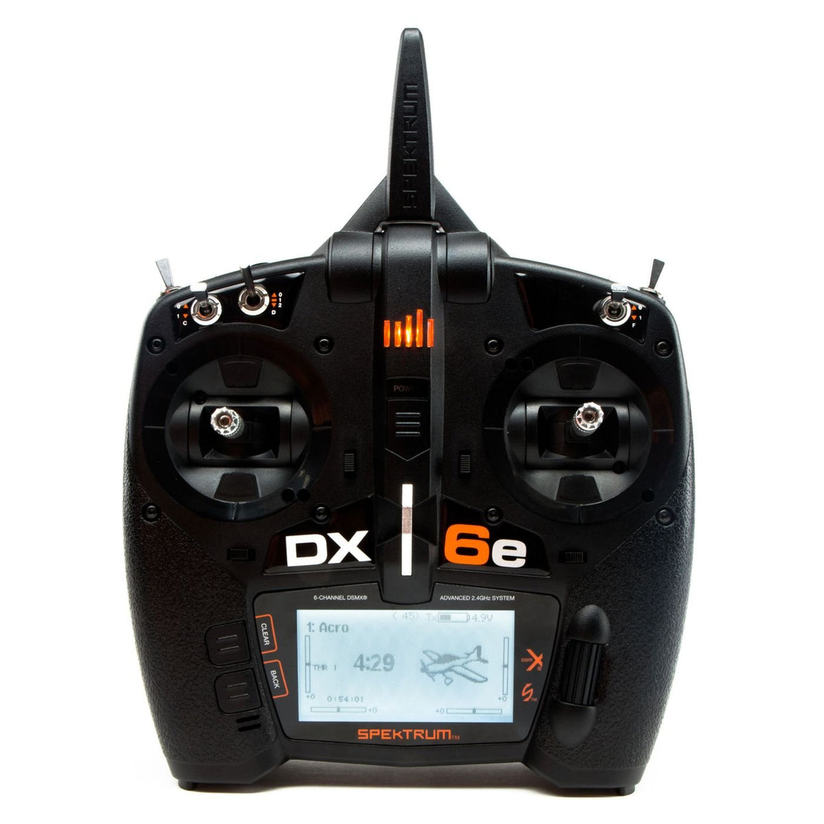 Spektrum DX6e front view showing ergonomic grip for precise control.