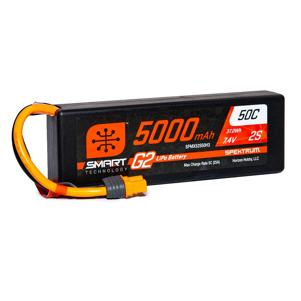 Spektrum G2 50C LiPo battery front view shows compact hard case design for high-performance RC.