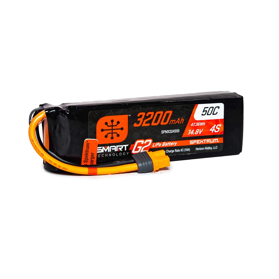 Spektrum G2 50C LiPo battery with IC3 data wire for single-connection balance charging.