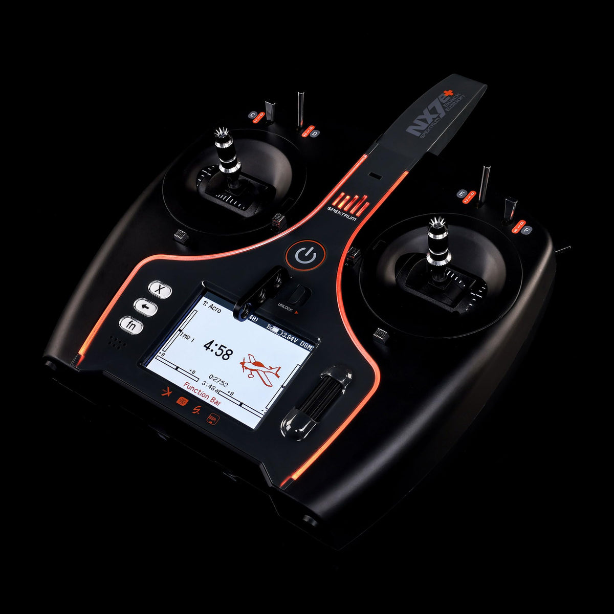 Spektrum NX7e+ Black Edition folding antenna for compact storage.