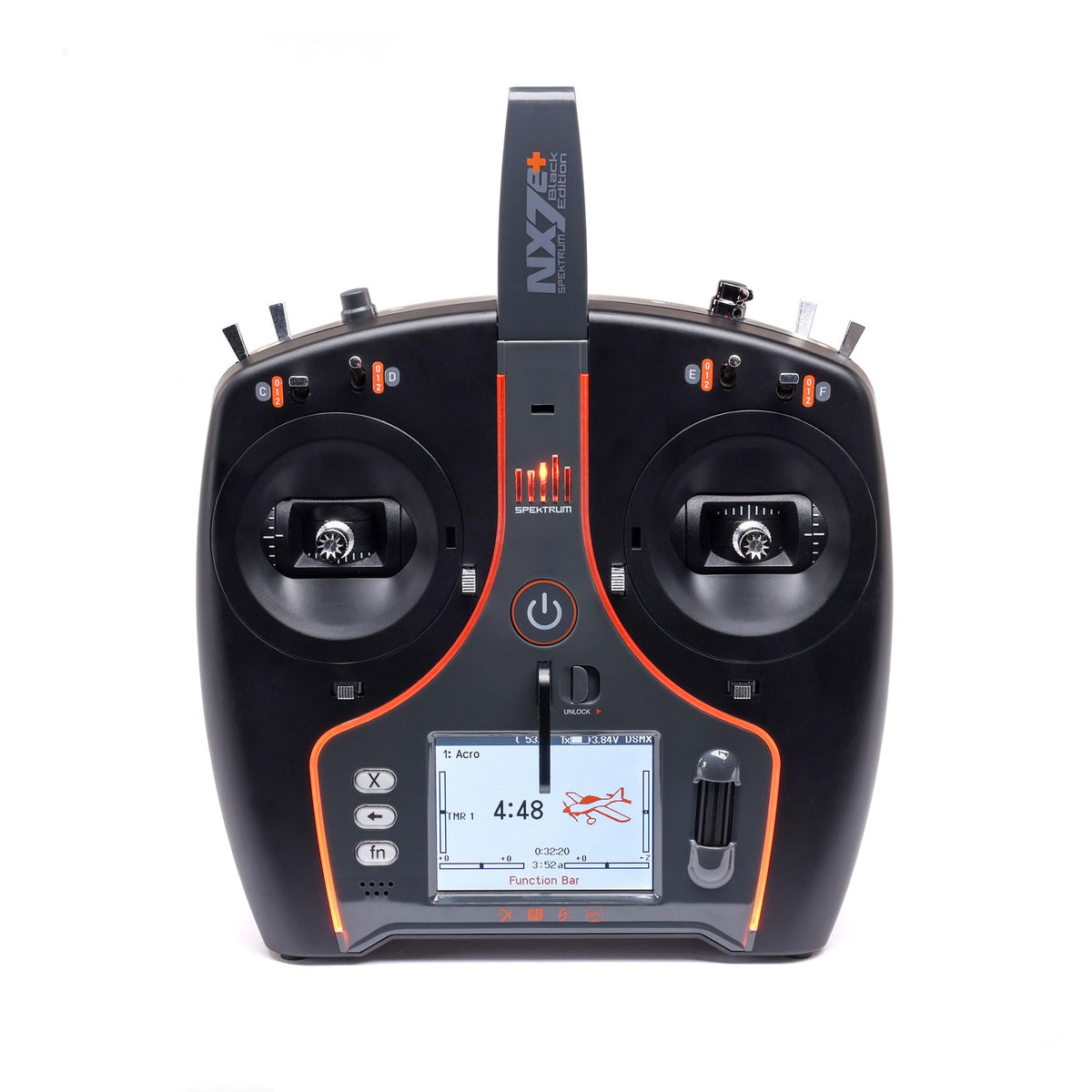 Spektrum NX7e+ Black Edition front view with ergonomic grip for comfortable control.