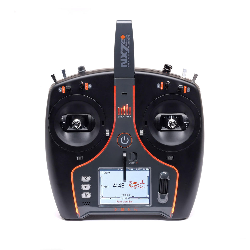 Spektrum NX7e+ Black Edition front view with ergonomic grip for comfortable control.