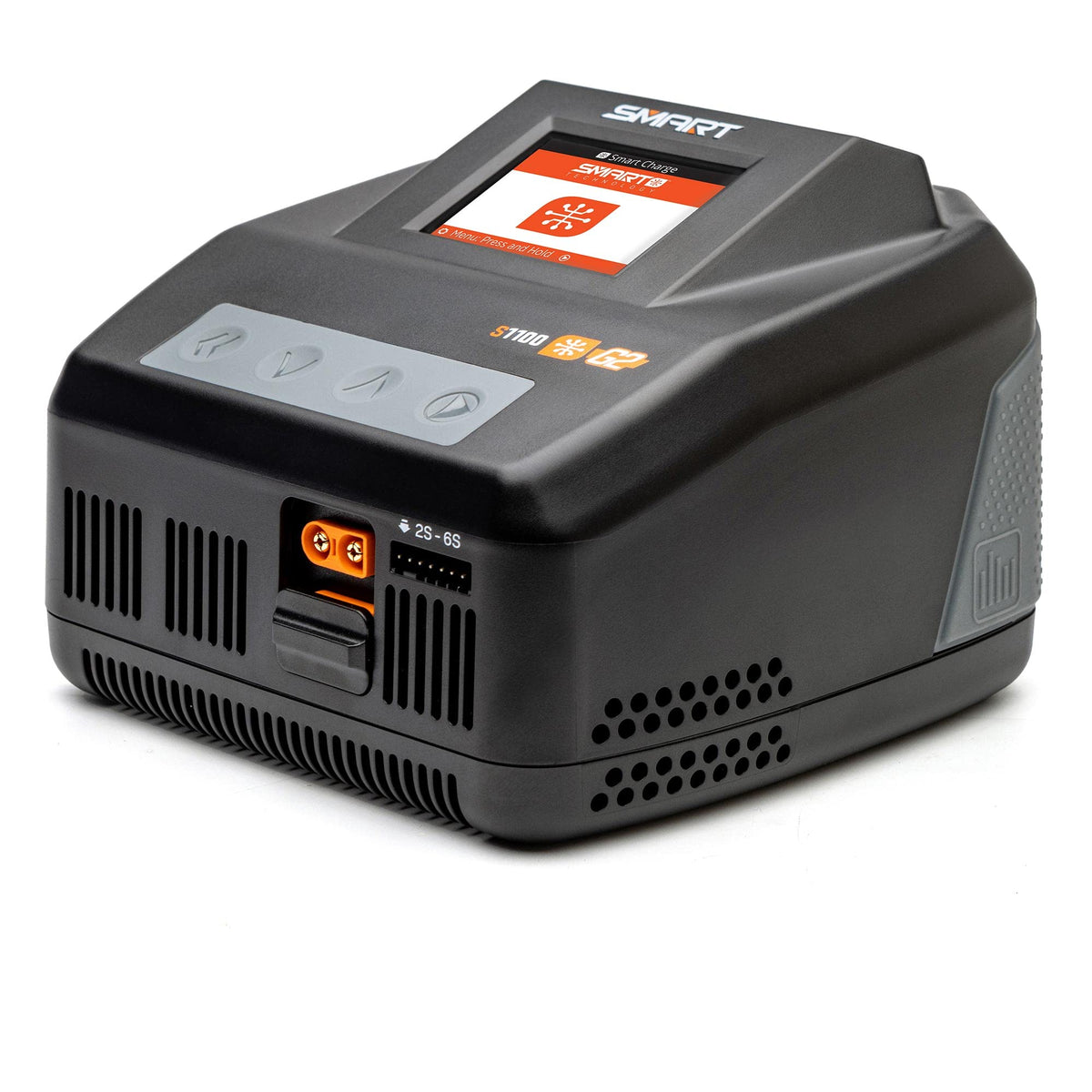 Spektrum S1100 G2 front view of the 100W charger for on-bench use