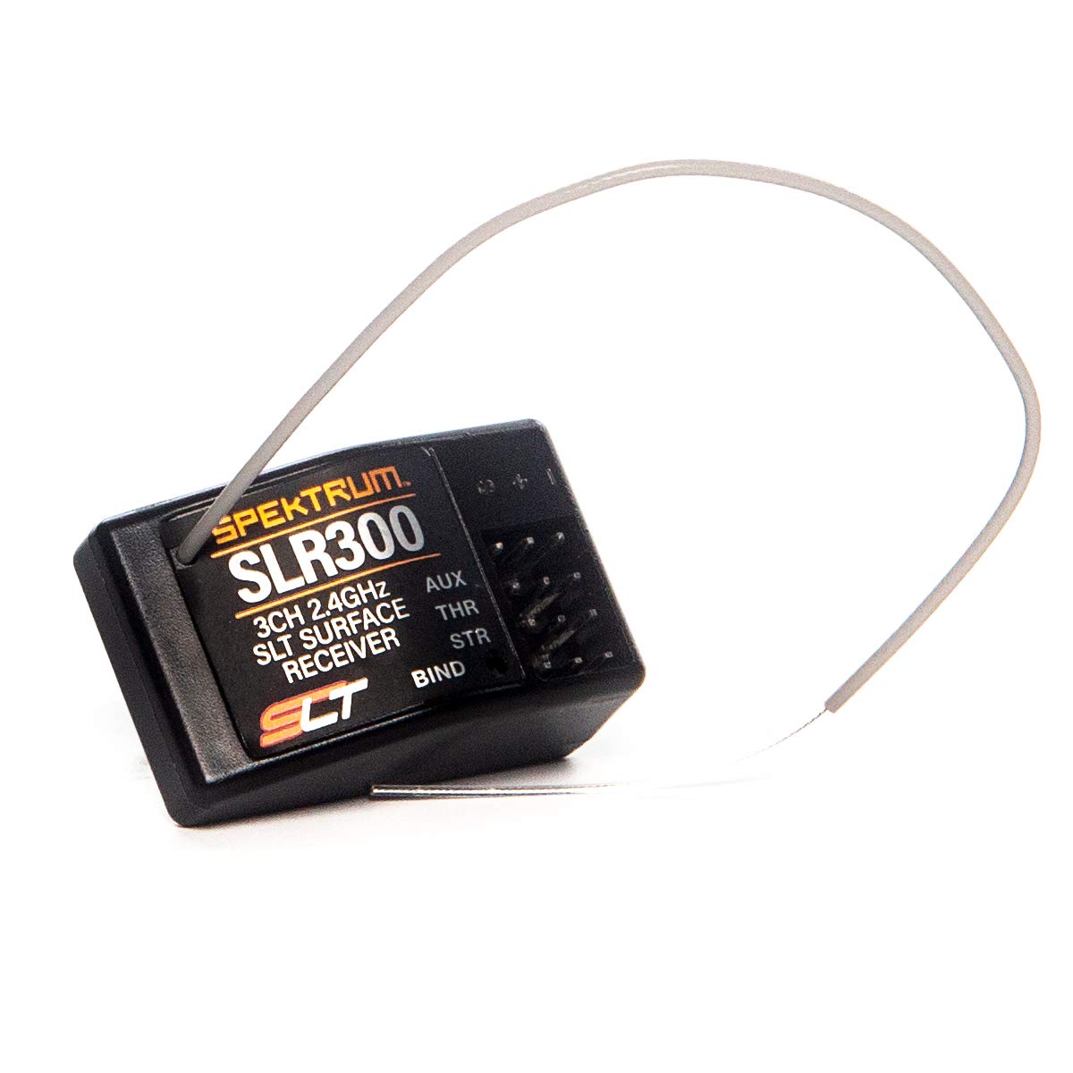 Spektrum SLR300 receiver, compact 3-channel SLT unit ideal for light, reliable RC car control.