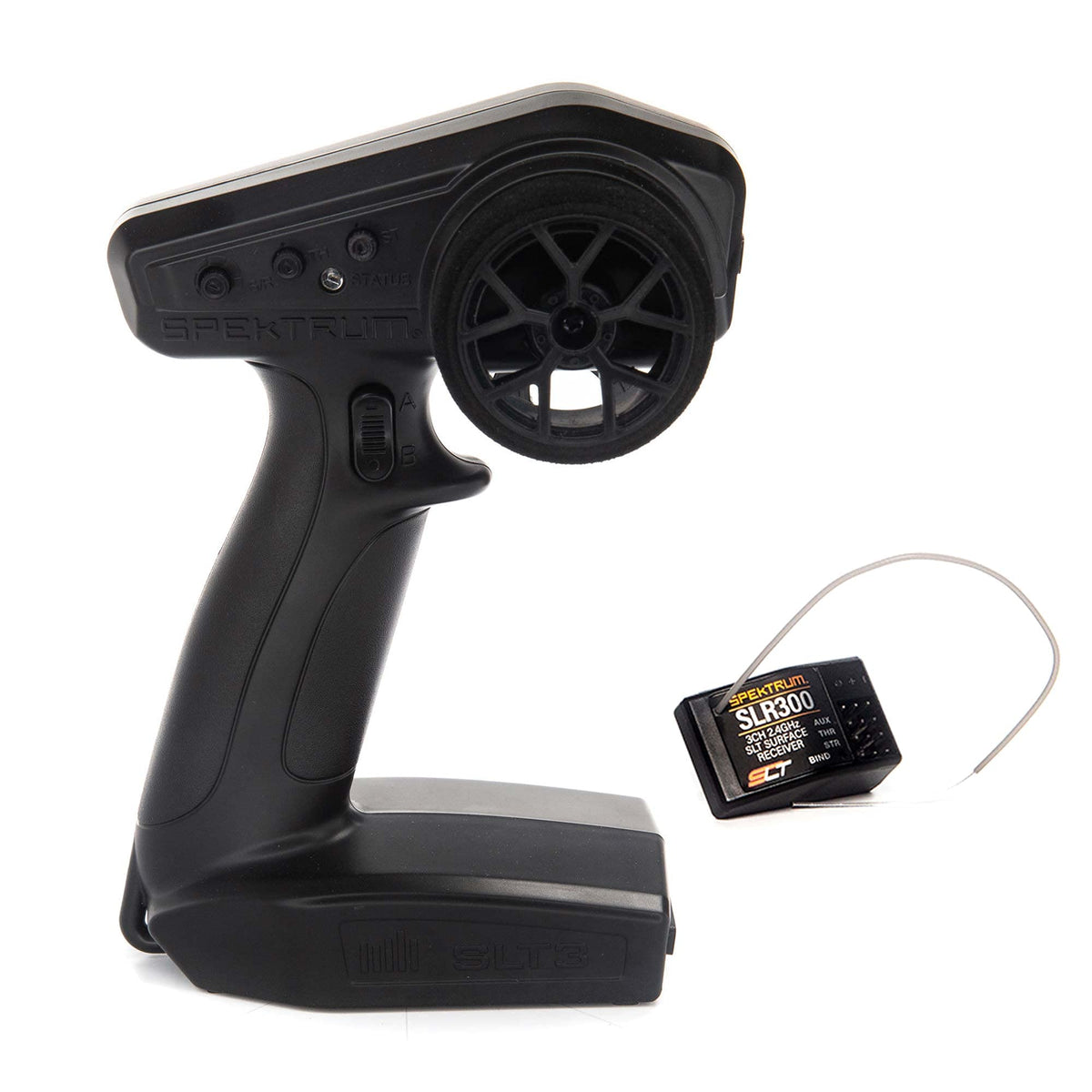 Spektrum SLT3 transmitter with foam-covered steering wheel for comfortable, no-slip control.