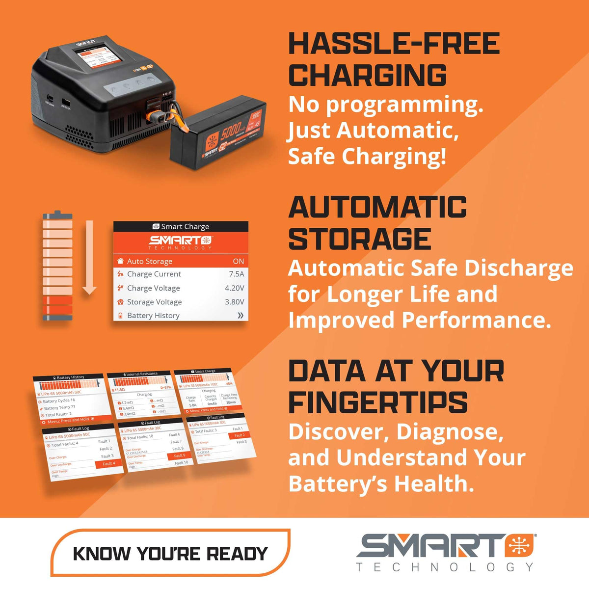 Spektrum Smart battery IC3 connector with data wire enables single-point balance charging.