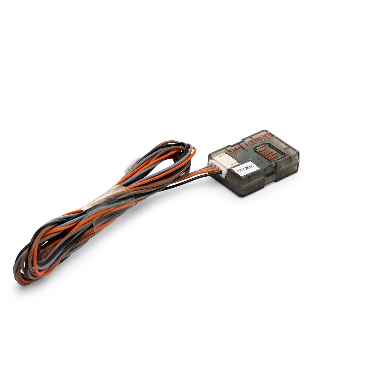 Spektrum SRXL2 remote receiver front view; compact, lightweight design for easy mounting.