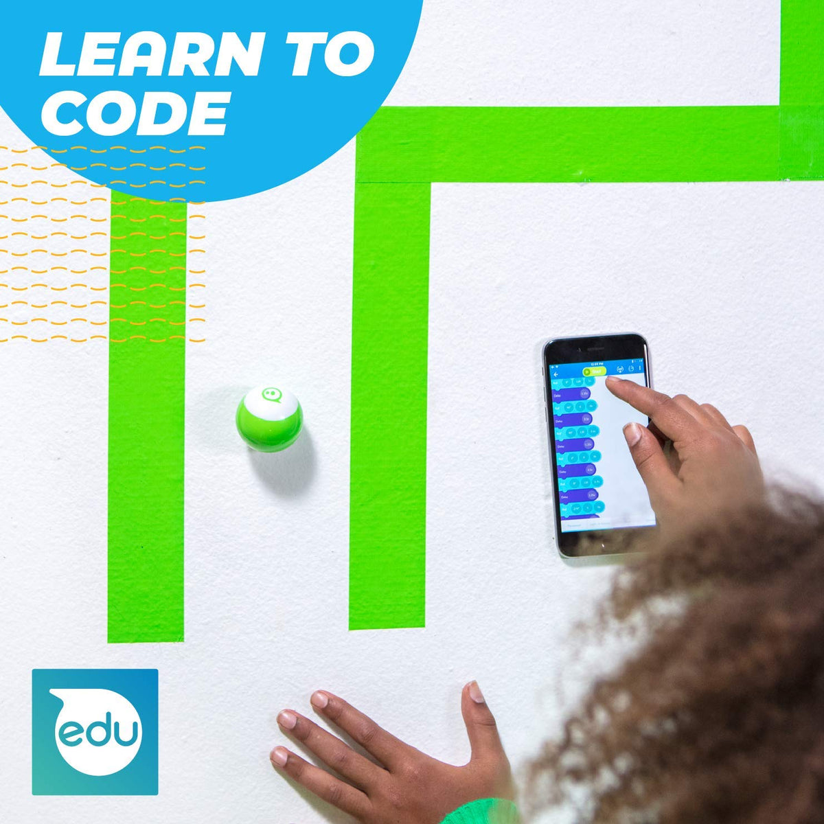 Sphero Mini Green drag-and-drop coding interface highlights beginner-friendly programming.