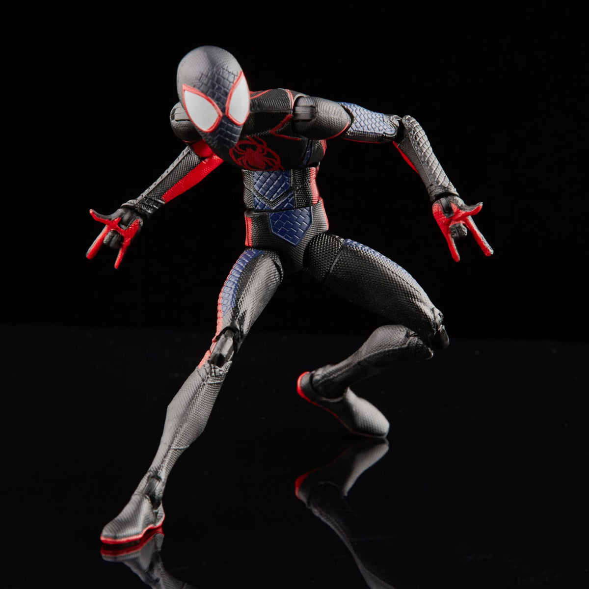 Spider-Man Miles Morales Marvel Legends collectible for shelf display.