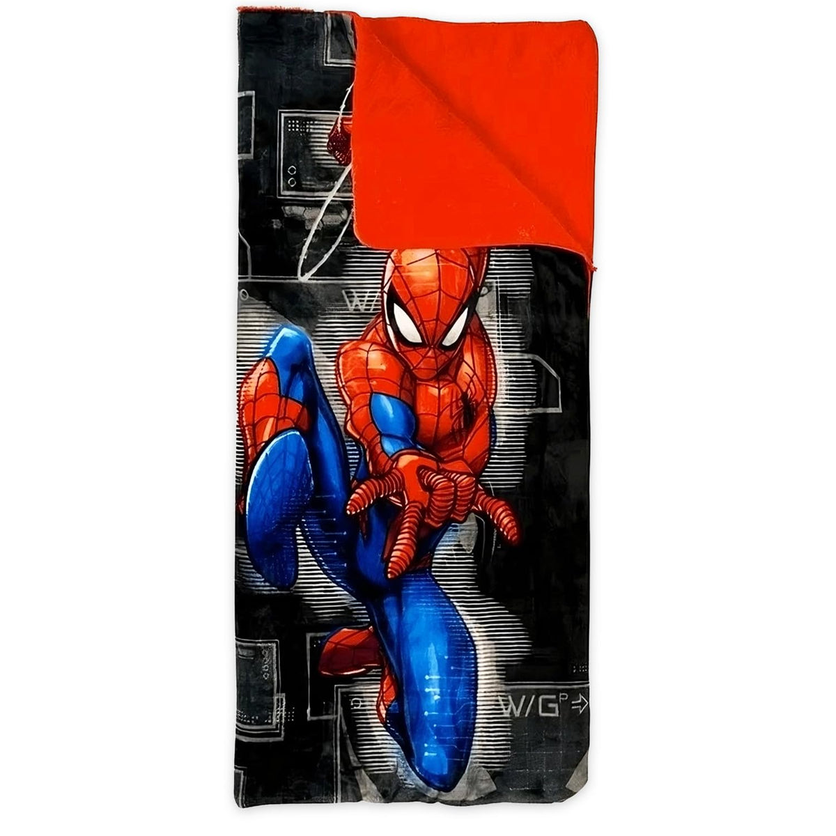 Spider-Man sleeping bag on red background for movie nights