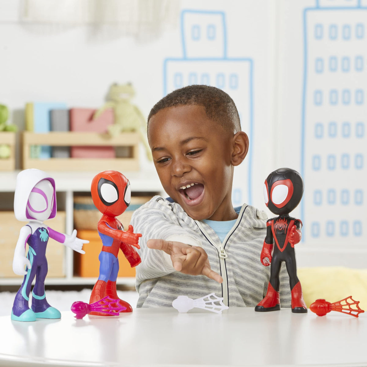 Spidey and His Amazing Friends web accessory on the Spider-Man figure for interactive play.