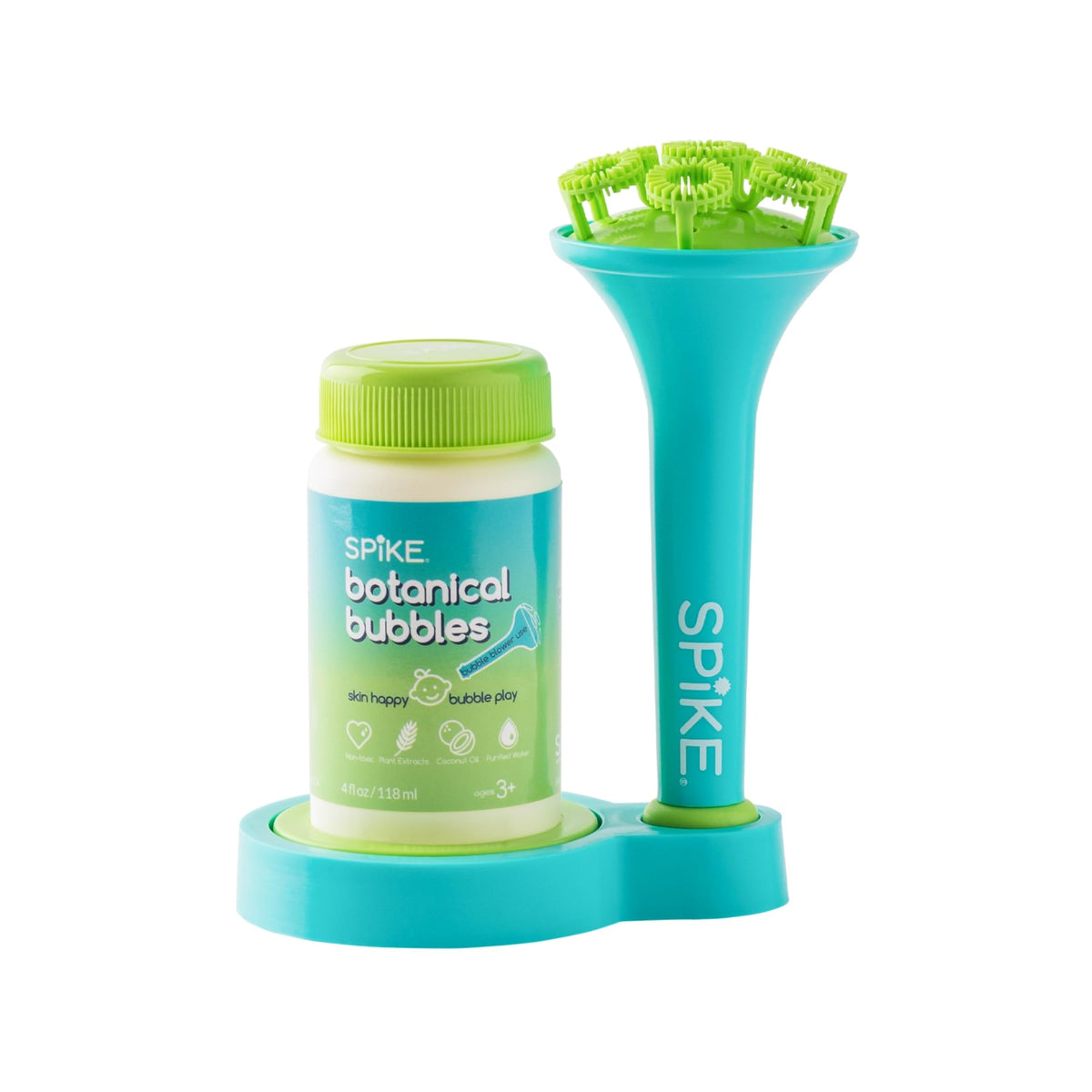 SPIKE Innobaby Spike Bubble Blower Aqua in action with a mess-free wand for indoor play.