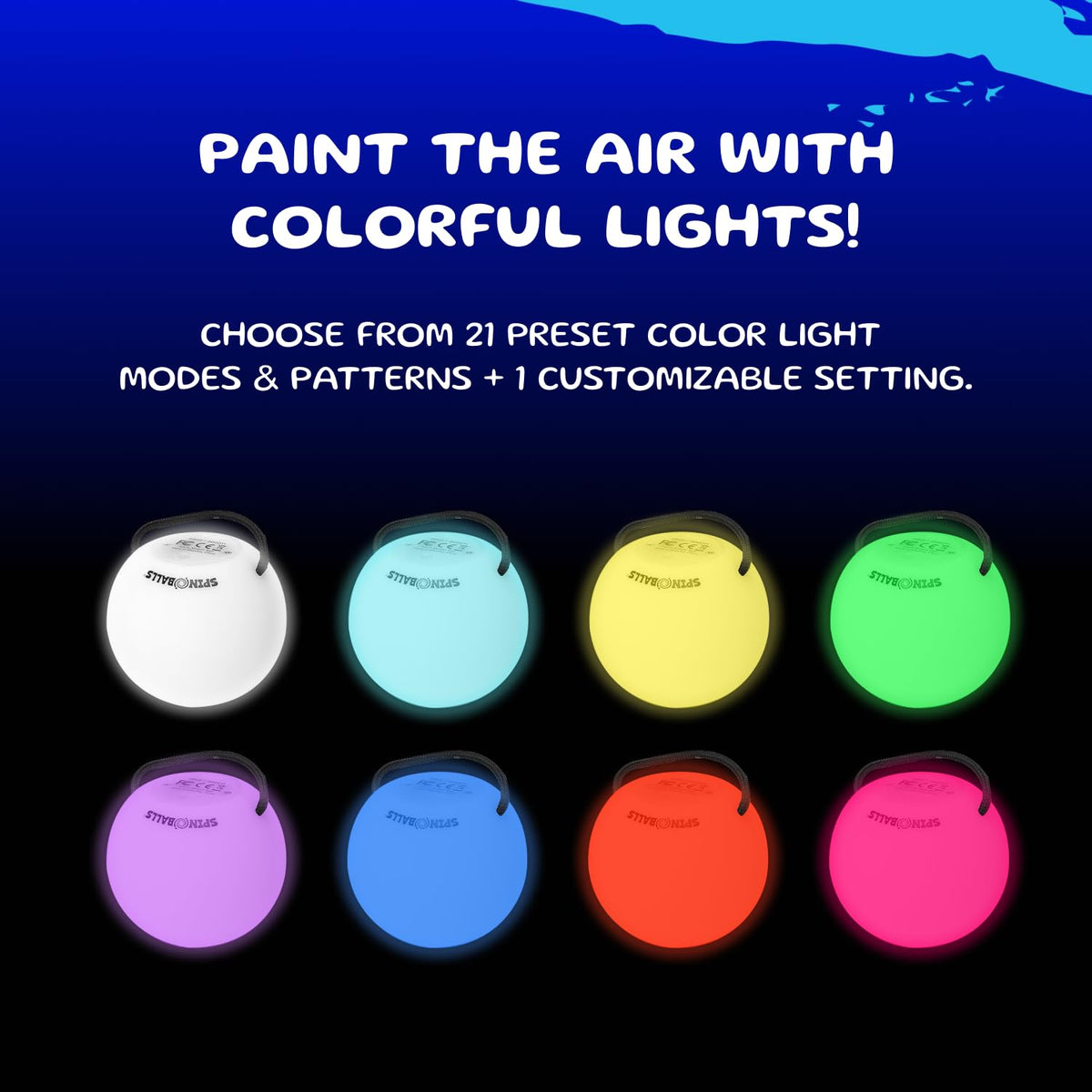 SPIN BALLS Glow.0 22 light modes displayed in a dazzling color sequence