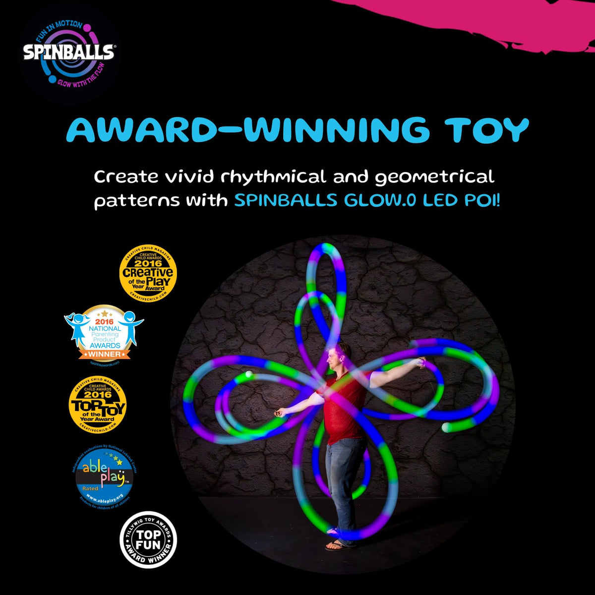 SPIN BALLS Glow.0 USB charging cable and dock ready for quick recharge