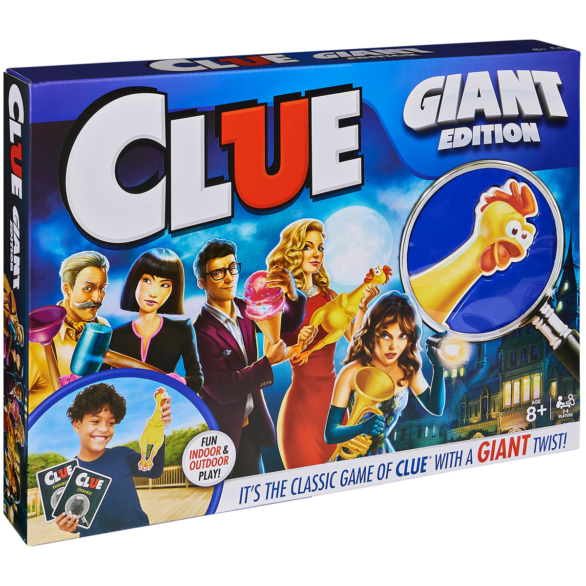 Spin Master Clue Giant Edition box content shown, including mats, cards, tools, and instructions.