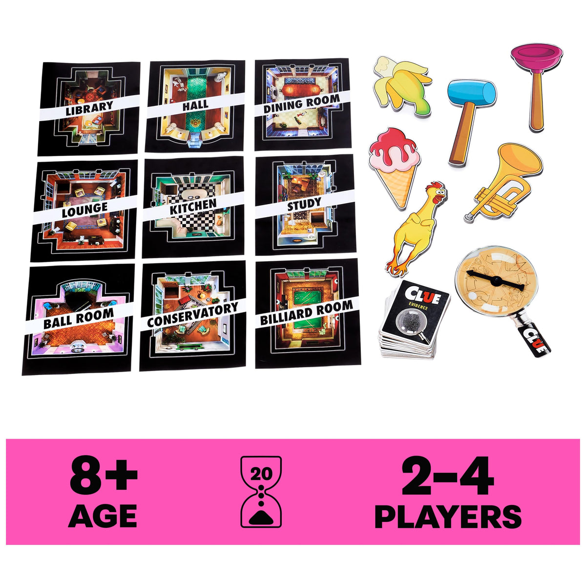 Spin Master Clue Giant Edition evidence cards highlight clues for strategic deduction during game night.