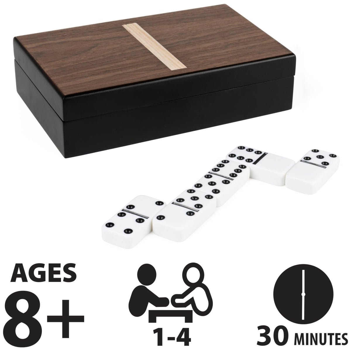 28 dominoes in black and white with a smooth finish for easy play.