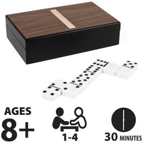 28 dominoes in black and white with a smooth finish for easy play.