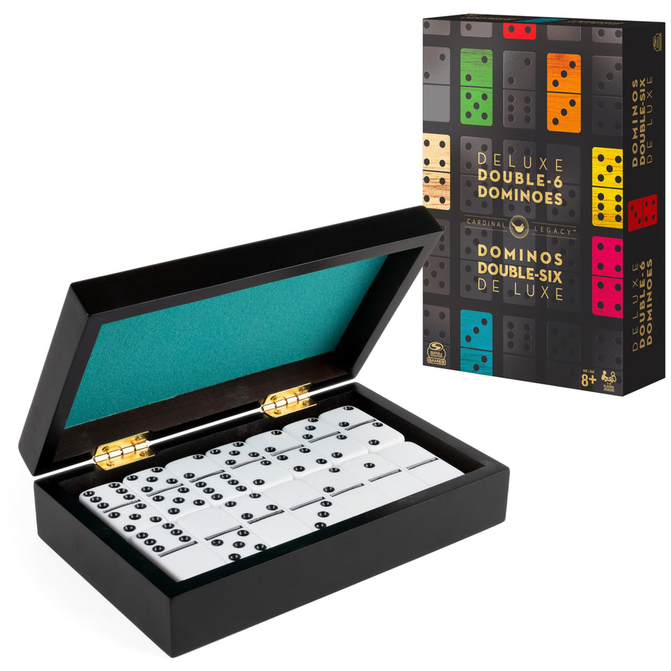Spin Master Games Cardinal Legacy Deluxe Double-6 Dominoes in a lined wooden case, ideal for family game night.