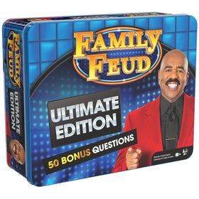 Box front of Spin Master Games Family Feud Ultimate Edition highlights contents.