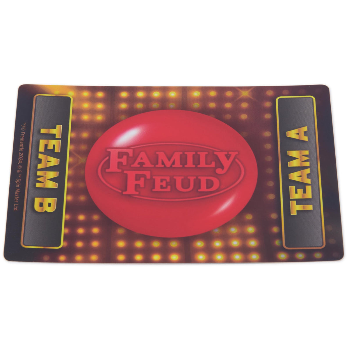 Dry erase scoreboard from Spin Master Games Family Feud Ultimate Edition shows scores clearly.