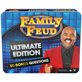 Spin Master Games Family Feud Ultimate Edition tin storage keeps play organized and portable.
