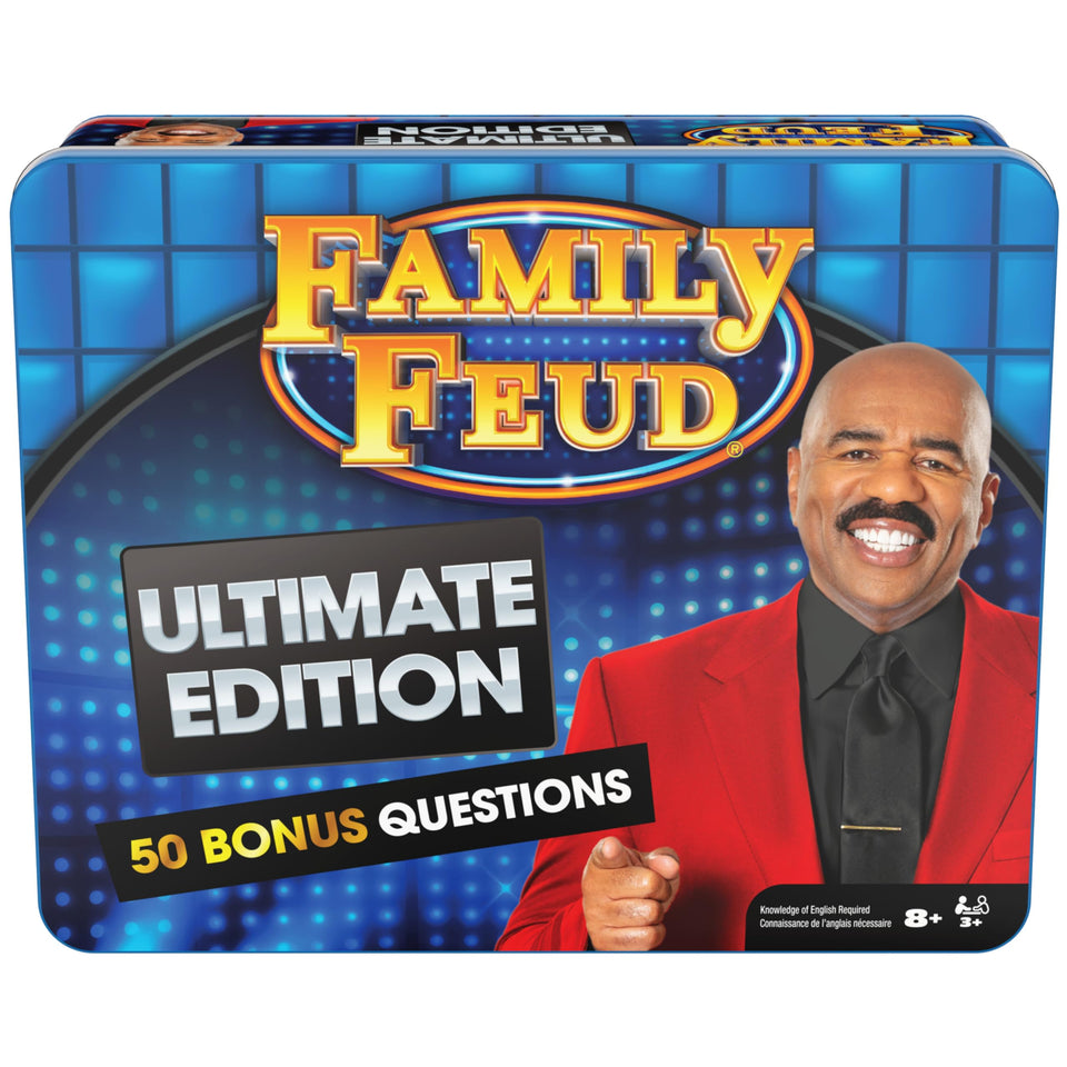 Spin Master Games Family Feud Ultimate Edition tin storage keeps play organized and portable.
