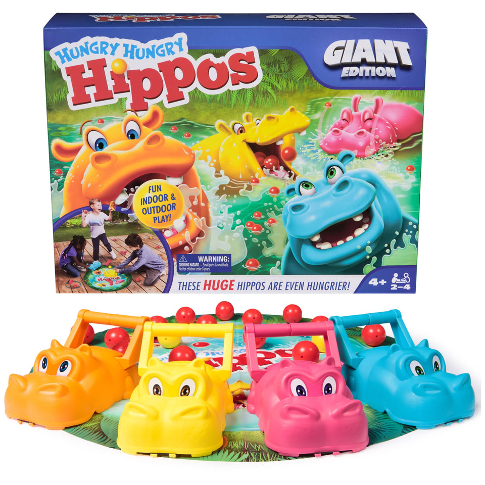 Spin Master Games Hungry Hungry Hippos Giant Edition play mat enhances large group fun.