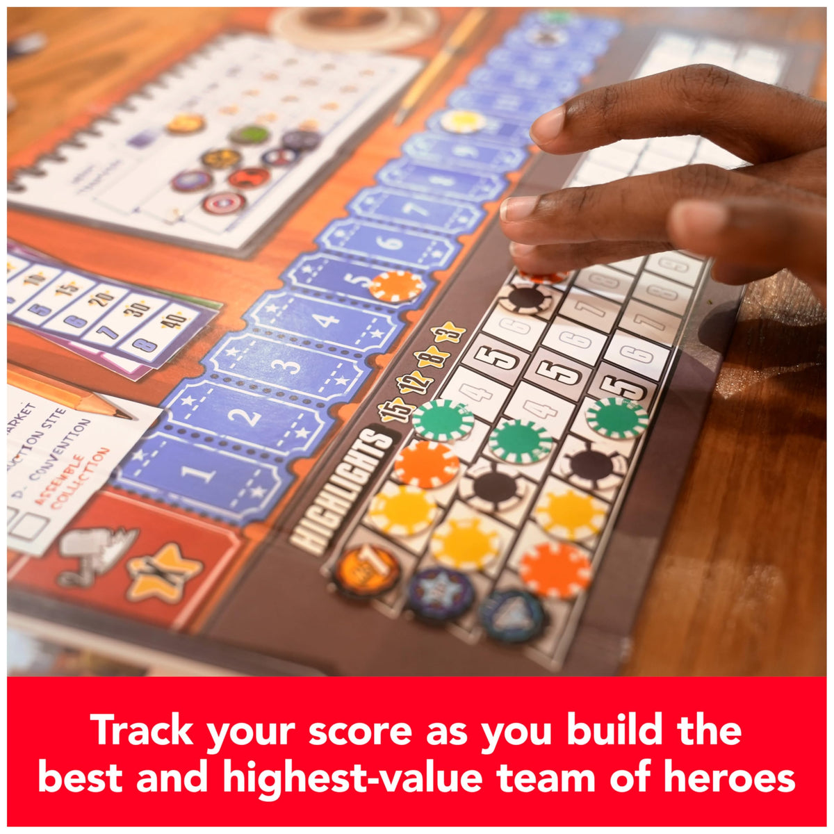 Spin Master Marvel Comic Hunters score pad helps track points across rounds.