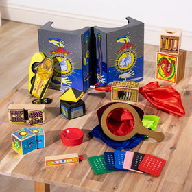 Spin Master Melissa and Doug deluxe wooden magic set showcases the vanishing zone trick for audience astonishment.