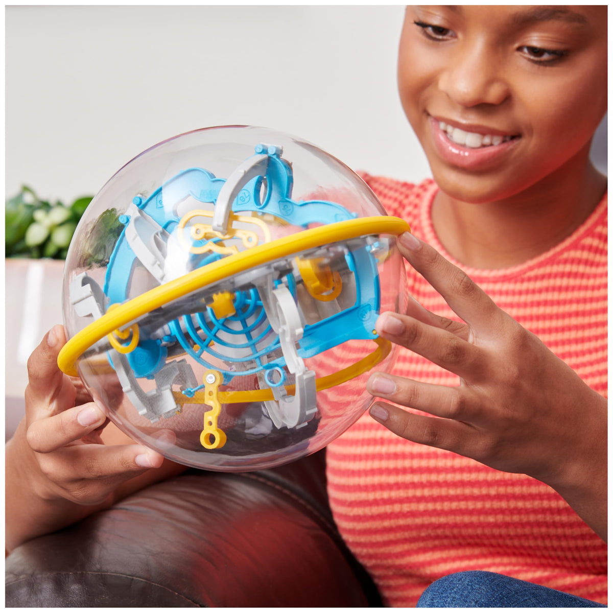 Spin Master Perplexus Beast ball reaches the finish line on the track.