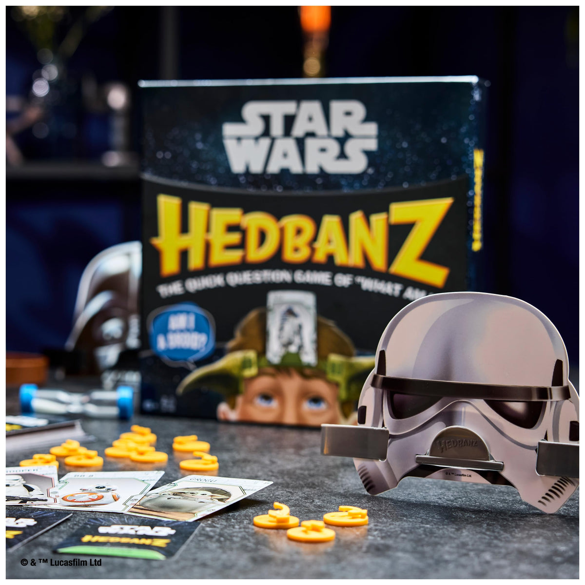 Deluxe Hedbanz box and headplates shown, ideal for tidy storage and quick setup.