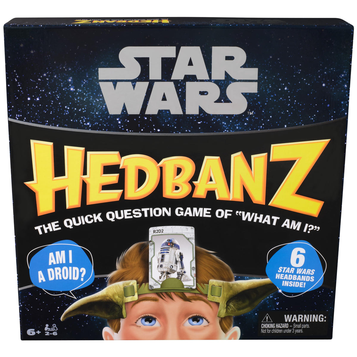 Spin Master Star Wars Hedbanz headbands worn by players during a fast guessing round for family game night.
