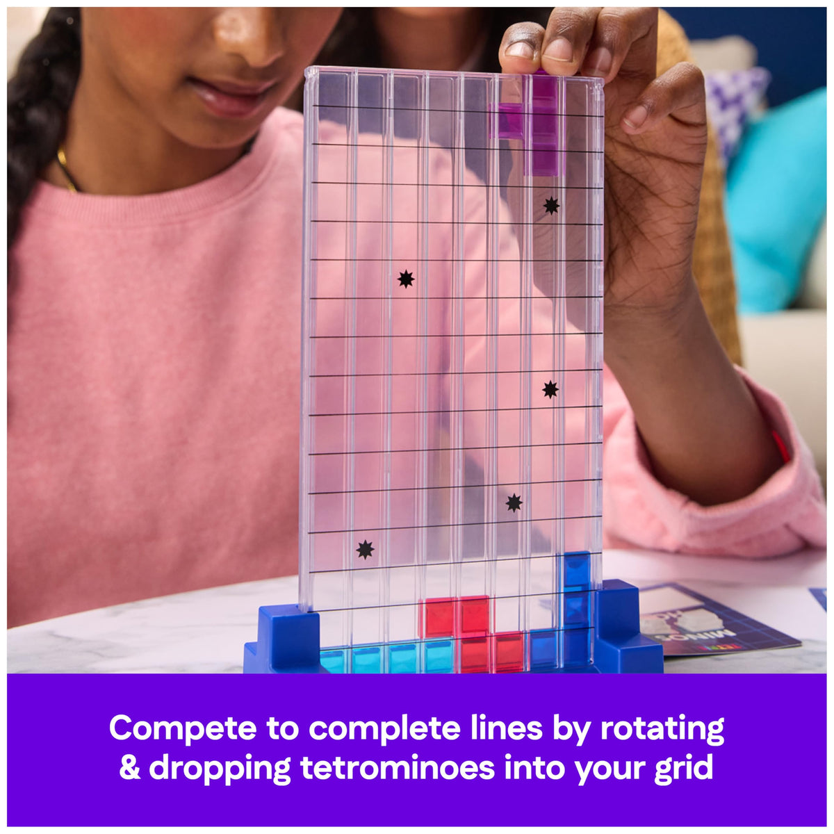 Tetrimino cards reveal shapes and next pieces to guide strategy