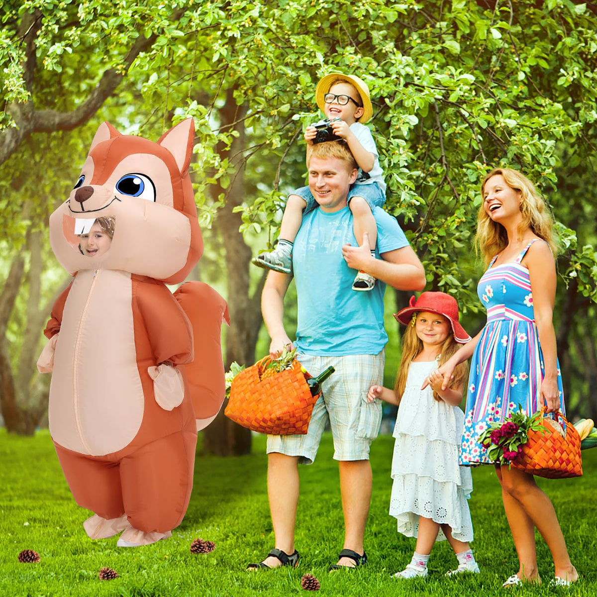 Spinosaurus inflatable squirrel costume packaging with accessories for easy setup