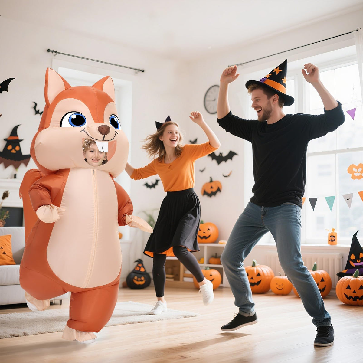 Spinosaurus inflatable squirrel costume showcased as party-ready for holidays