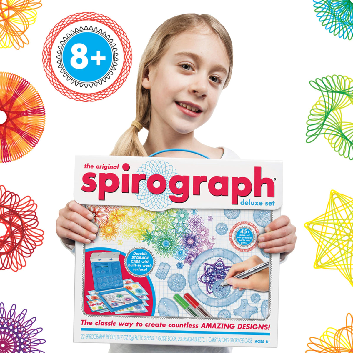 Spirograph Deluxe Set sturdy carrying case for art on the go.