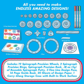 Spirograph Deluxe Set pens and paper ready for quick, colorful designs.