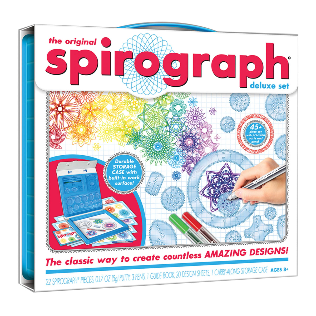 Spirograph Deluxe Set tray storage keeps supplies organized for mess-free creativity.
