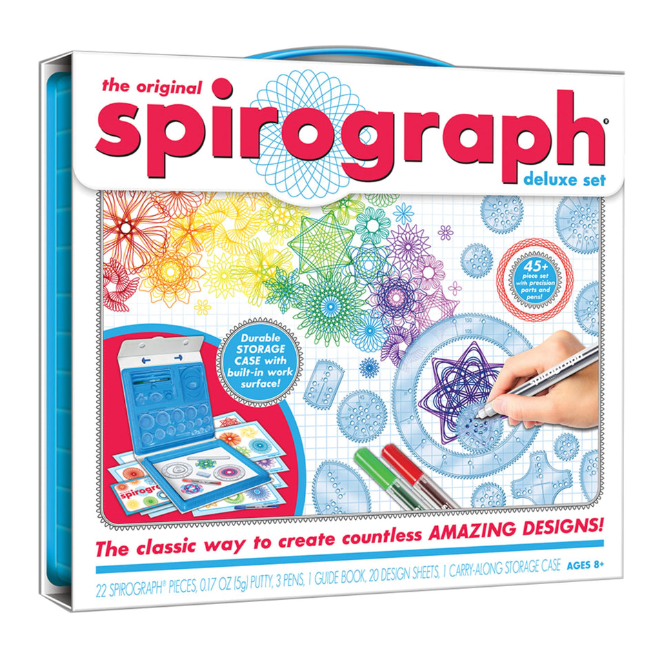 Spirograph Deluxe Set tray storage keeps supplies organized for mess-free creativity.