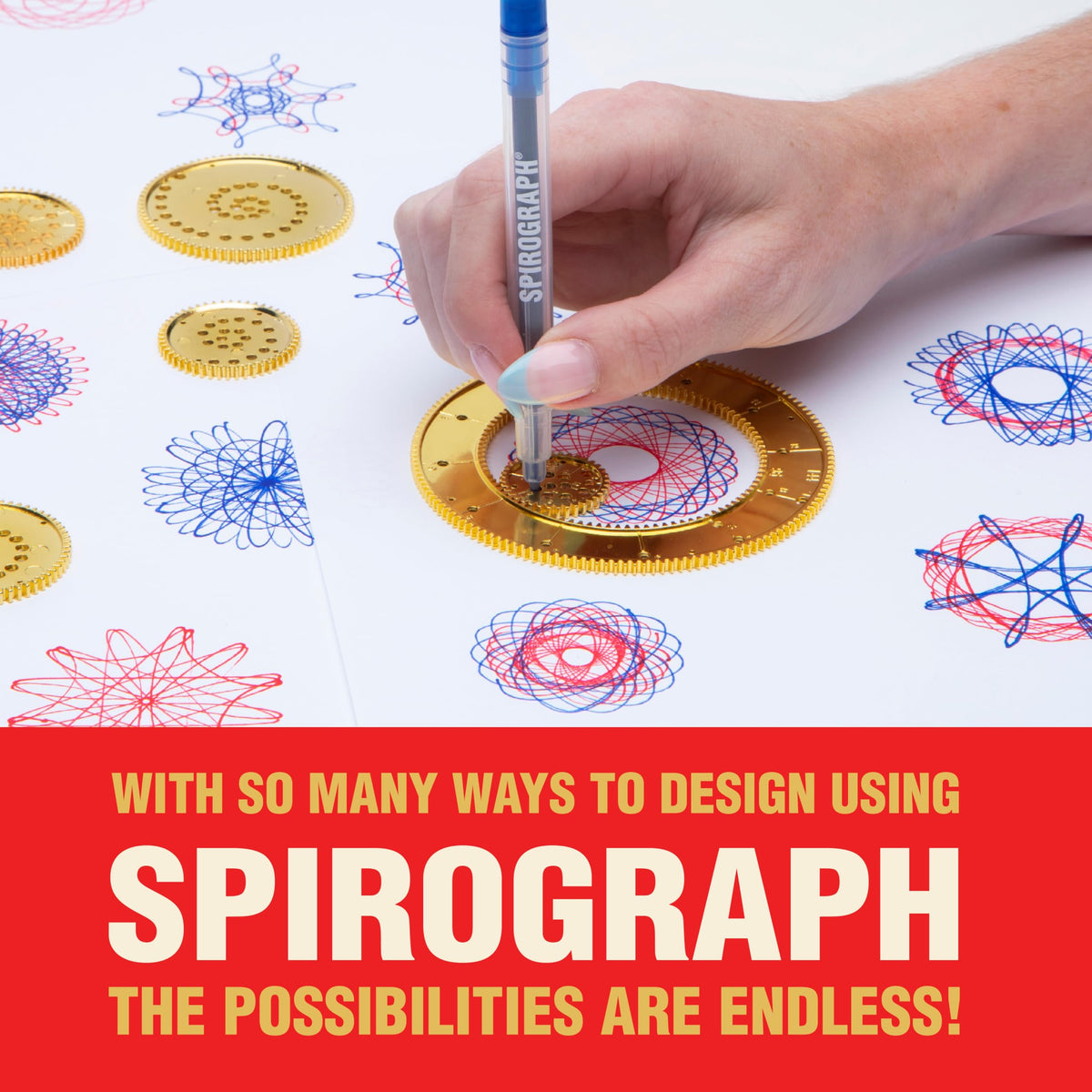 Spirograph golden anniversary ring and wheels gleam in a premium display tin.