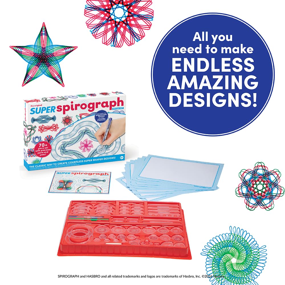 Spiral art tools from Spirograph inspire hands-on creativity and fine motor skills.