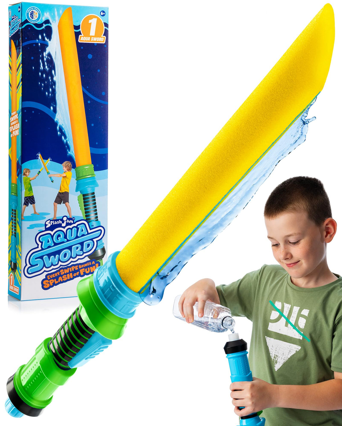 SPLASH JAM AQUA SWORD duel with water-filled foam blade for backyard fun.