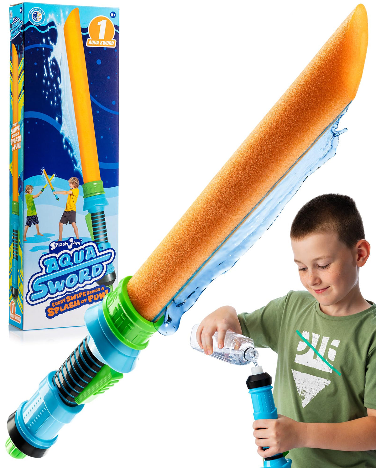 SPLASH JAM AQUA SWORD water duel action, safe and splashy backyard fun.