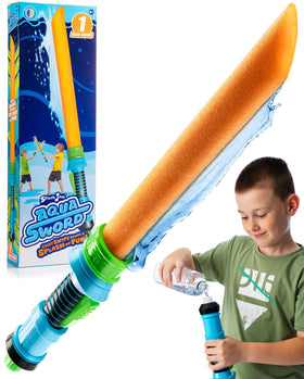 SPLASH JAM AQUA SWORD water duel action, safe and splashy backyard fun.